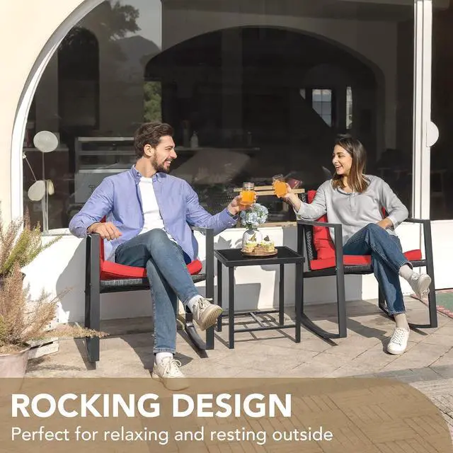 Alt view image 6 of 7 - 3 Piece Rocking Bistro Set Wicker Patio Outdoor Furniture Porch Chairs Conversation Sets with Glass Coffee Table (Red)
