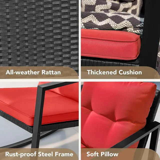 Alt view image 7 of 7 - 3 Piece Rocking Bistro Set Wicker Patio Outdoor Furniture Porch Chairs Conversation Sets with Glass Coffee Table (Red)
