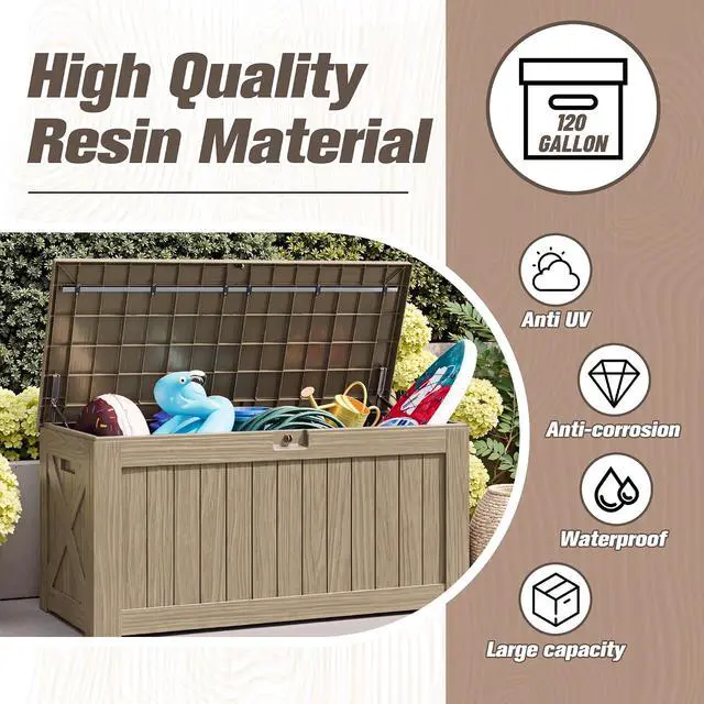 Alt view image 3 of 7 - 120 Gallon Resin Deck Box, Large Outdoor Storage Box Waterproof & Lockable for Garden, Patio, Pools (Light Brown)