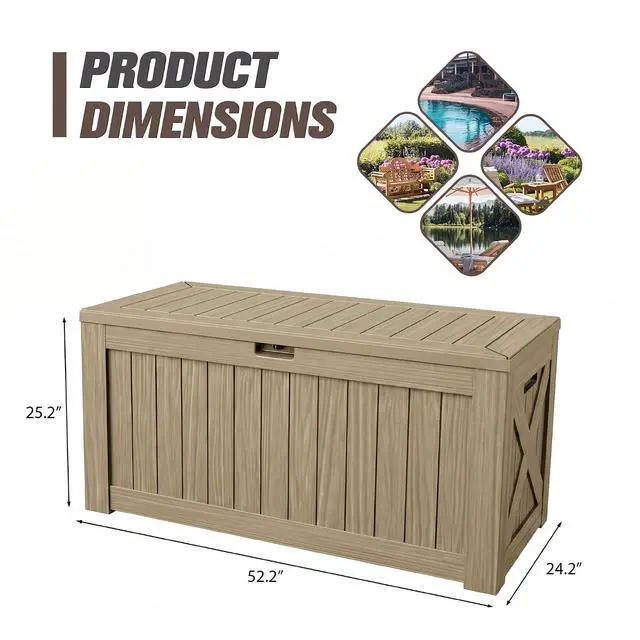 Alt view image 5 of 7 - 120 Gallon Resin Deck Box, Large Outdoor Storage Box Waterproof & Lockable for Garden, Patio, Pools (Light Brown)