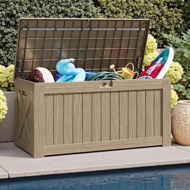 Alt view image 6 of 7 - 120 Gallon Resin Deck Box, Large Outdoor Storage Box Waterproof & Lockable for Garden, Patio, Pools (Light Brown)
