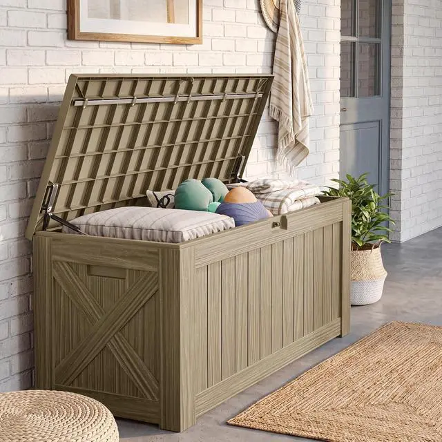 Alt view image 4 of 7 - 120 Gallon Resin Deck Box, Large Outdoor Storage Box Waterproof & Lockable for Garden, Patio, Pools (Light Brown)