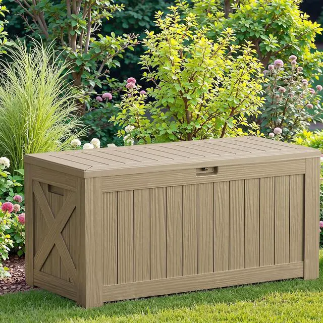 Alt view image 7 of 7 - 120 Gallon Resin Deck Box, Large Outdoor Storage Box Waterproof & Lockable for Garden, Patio, Pools (Light Brown)