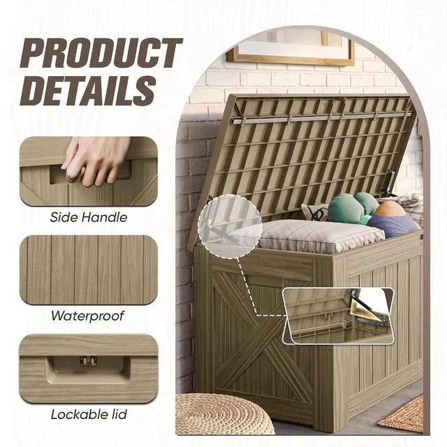 Alt view image 2 of 7 - 120 Gallon Resin Deck Box, Large Outdoor Storage Box Waterproof & Lockable for Garden, Patio, Pools (Light Brown)