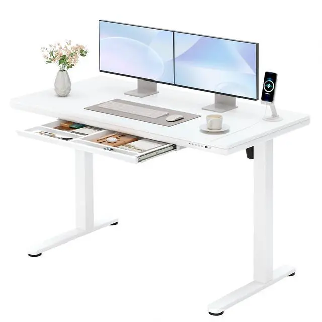 Main image of Adjustable Height Electric Standing Desk with Drawers, 48 Inch Sit Stand Desk with One-Piece Thickened Desktop & USB Charging Port for Home Office Computer Desks (White Desktop, 48 Inch)