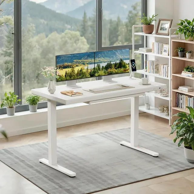 Alt view image 2 of 7 - Adjustable Height Electric Standing Desk with Drawers, 48 Inch Sit Stand Desk with One-Piece Thickened Desktop & USB Charging Port for Home Office Computer Desks (White Desktop, 48 Inch)