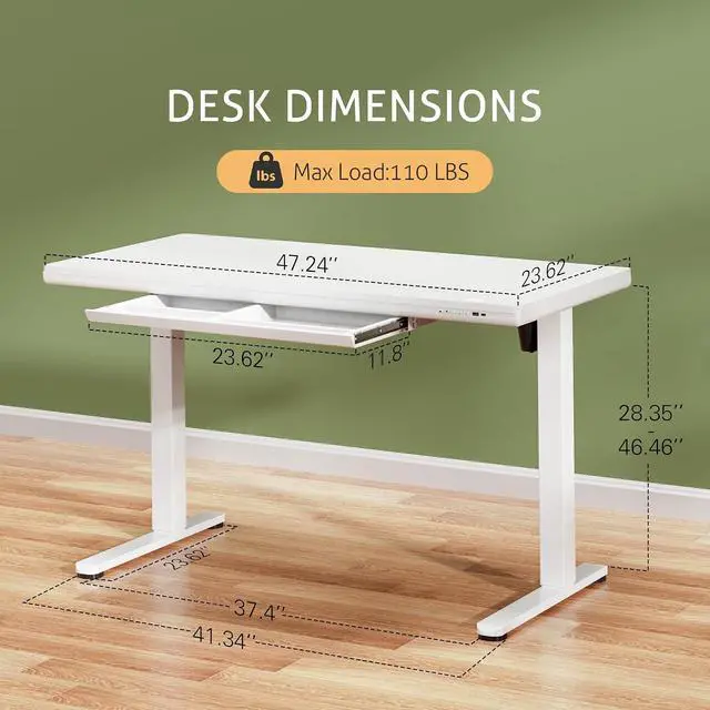 Alt view image 3 of 7 - Adjustable Height Electric Standing Desk with Drawers, 48 Inch Sit Stand Desk with One-Piece Thickened Desktop & USB Charging Port for Home Office Computer Desks (White Desktop, 48 Inch)