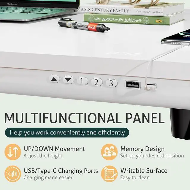 Alt view image 6 of 7 - Adjustable Height Electric Standing Desk with Drawers, 48 Inch Sit Stand Desk with One-Piece Thickened Desktop & USB Charging Port for Home Office Computer Desks (White Desktop, 48 Inch)