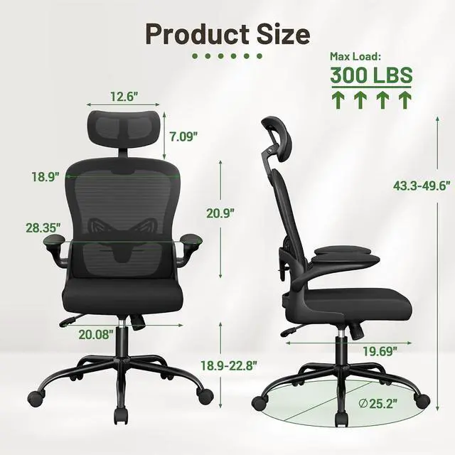Alt view image 3 of 7 - Ergonomic Office Chair Executive High Back Computer Desk Chair with 3D Headrest, Adjustable Lumbar Support Armrests for Home Office (Black)
