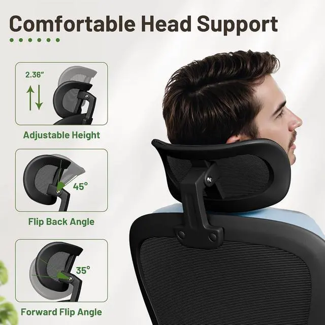 Alt view image 5 of 7 - Ergonomic Office Chair Executive High Back Computer Desk Chair with 3D Headrest, Adjustable Lumbar Support Armrests for Home Office (Black)
