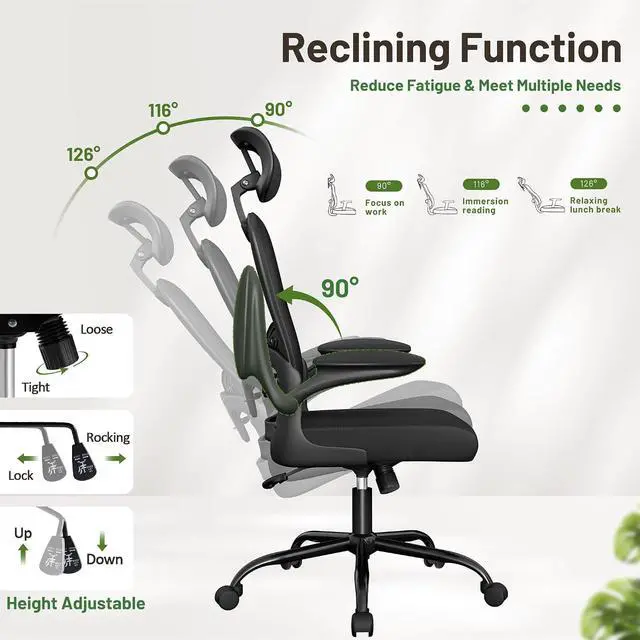 Alt view image 6 of 7 - Ergonomic Office Chair Executive High Back Computer Desk Chair with 3D Headrest, Adjustable Lumbar Support Armrests for Home Office (Black)