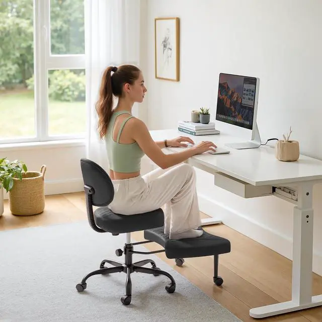 Main image of Ergonomic Criss Cross Legged Office Chair with Wheels, 360°Swivel Adjustable Height Kneeling Desk Chair with Footrest for ADHD, Yoga, Meditation, Home Office (Leather, Black)
