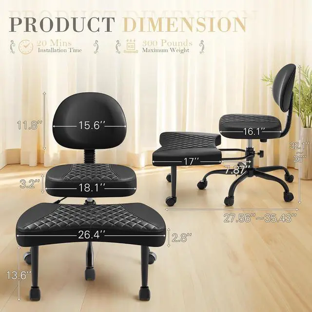 Alt view image 2 of 7 - Ergonomic Criss Cross Legged Office Chair with Wheels, 360°Swivel Adjustable Height Kneeling Desk Chair with Footrest for ADHD, Yoga, Meditation, Home Office (Leather, Black)