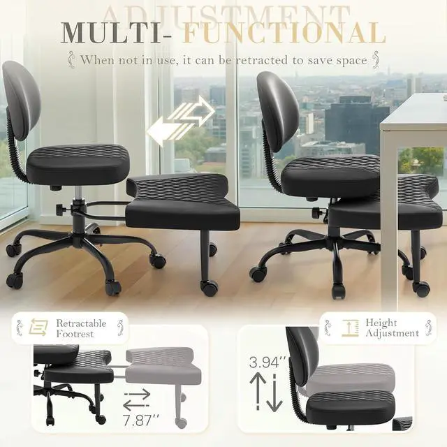 Alt view image 5 of 7 - Ergonomic Criss Cross Legged Office Chair with Wheels, 360°Swivel Adjustable Height Kneeling Desk Chair with Footrest for ADHD, Yoga, Meditation, Home Office (Leather, Black)