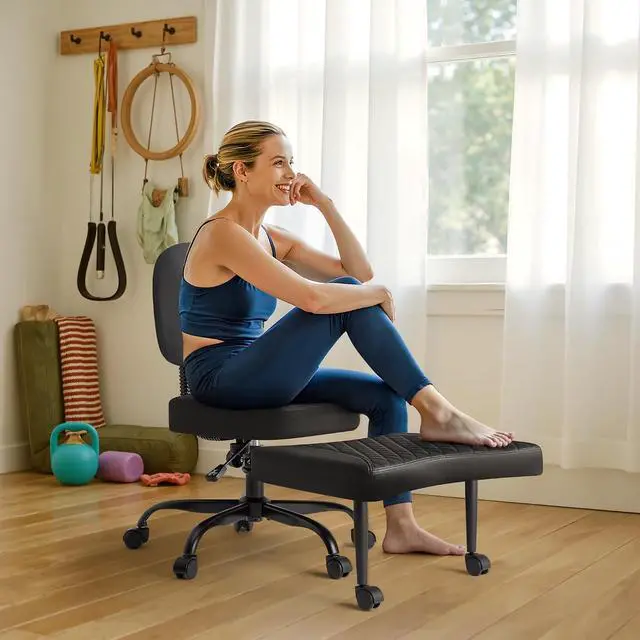 Alt view image 7 of 7 - Ergonomic Criss Cross Legged Office Chair with Wheels, 360°Swivel Adjustable Height Kneeling Desk Chair with Footrest for ADHD, Yoga, Meditation, Home Office (Leather, Black)