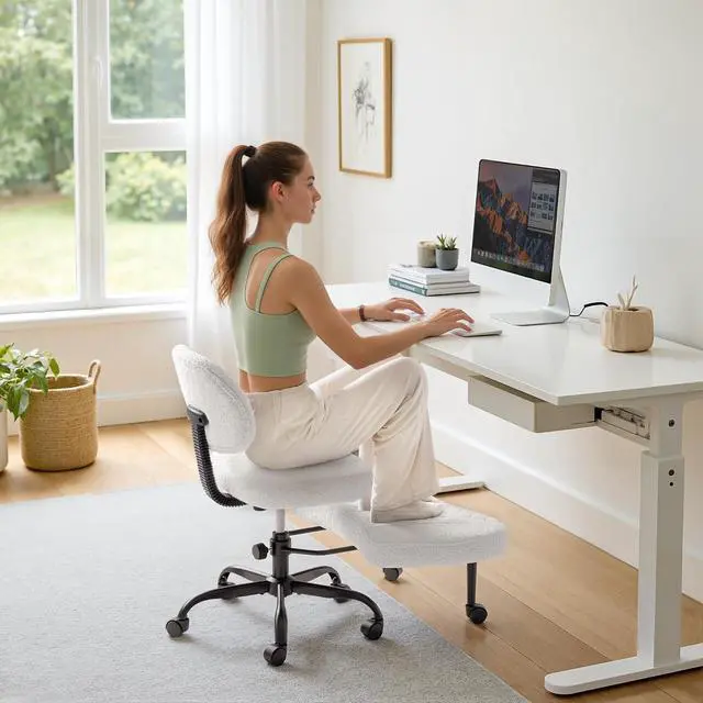 Main image of Ergonomic Criss Cross Legged Office Chair with Wheels, 360°Swivel Adjustable Height Kneeling Desk Chair with Footrest for ADHD, Yoga, Meditation, Home Office (Teddy Fabric, White)