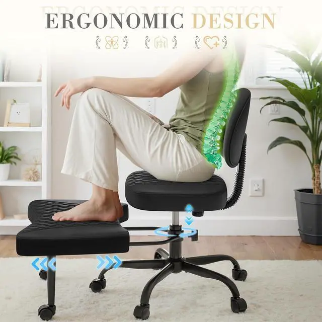 Alt view image 4 of 7 - Ergonomic Criss Cross Legged Office Chair with Wheels, 360°Swivel Adjustable Height Kneeling Desk Chair with Footrest for ADHD, Yoga, Meditation, Home Office (Leather, Black)