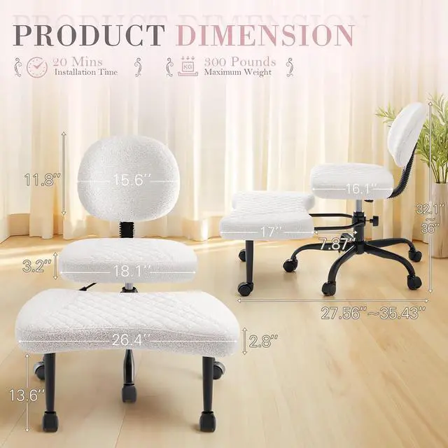 Alt view image 2 of 7 - Ergonomic Criss Cross Legged Office Chair with Wheels, 360°Swivel Adjustable Height Kneeling Desk Chair with Footrest for ADHD, Yoga, Meditation, Home Office (Teddy Fabric, White)