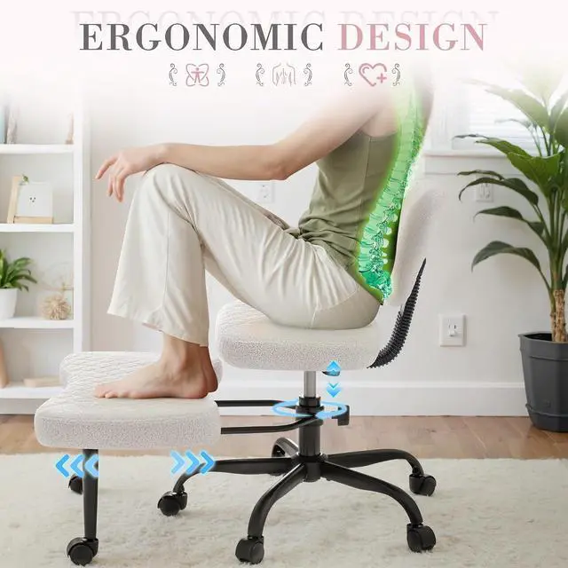 Alt view image 4 of 7 - Ergonomic Criss Cross Legged Office Chair with Wheels, 360°Swivel Adjustable Height Kneeling Desk Chair with Footrest for ADHD, Yoga, Meditation, Home Office (Teddy Fabric, White)