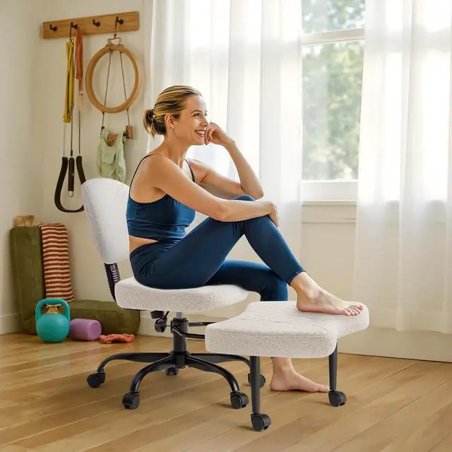 Alt view image 7 of 7 - Ergonomic Criss Cross Legged Office Chair with Wheels, 360°Swivel Adjustable Height Kneeling Desk Chair with Footrest for ADHD, Yoga, Meditation, Home Office (Teddy Fabric, White)