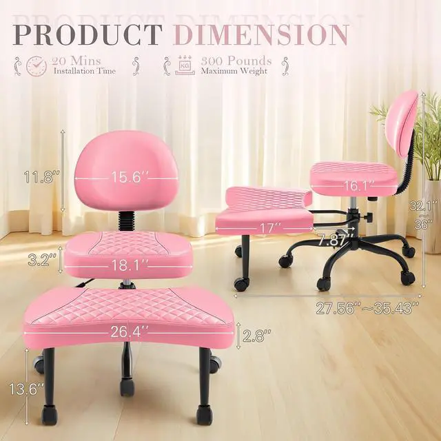 Alt view image 2 of 7 - Ergonomic Criss Cross Legged Office Chair with Wheels, 360°Swivel Adjustable Height Kneeling Desk Chair with Footrest for ADHD, Yoga, Meditation, Home Office (Leather, Pink)