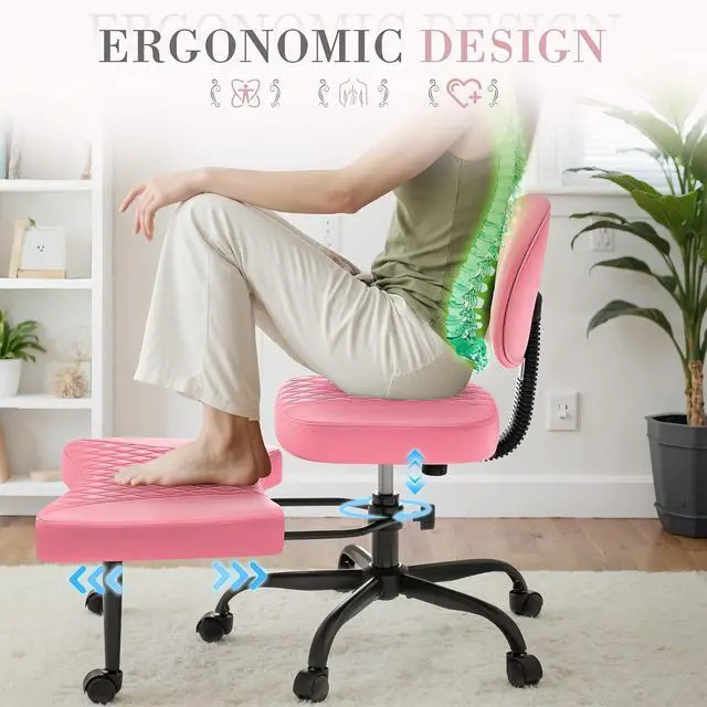 Alt view image 4 of 7 - Ergonomic Criss Cross Legged Office Chair with Wheels, 360°Swivel Adjustable Height Kneeling Desk Chair with Footrest for ADHD, Yoga, Meditation, Home Office (Leather, Pink)