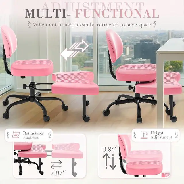 Alt view image 5 of 7 - Ergonomic Criss Cross Legged Office Chair with Wheels, 360°Swivel Adjustable Height Kneeling Desk Chair with Footrest for ADHD, Yoga, Meditation, Home Office (Leather, Pink)