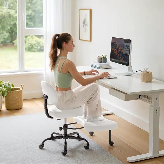Main image of Ergonomic Criss Cross Legged Office Chair with Wheels, 360°Swivel Adjustable Height Kneeling Desk Chair with Footrest for ADHD, Yoga, Meditation, Home Office (Leather, White)