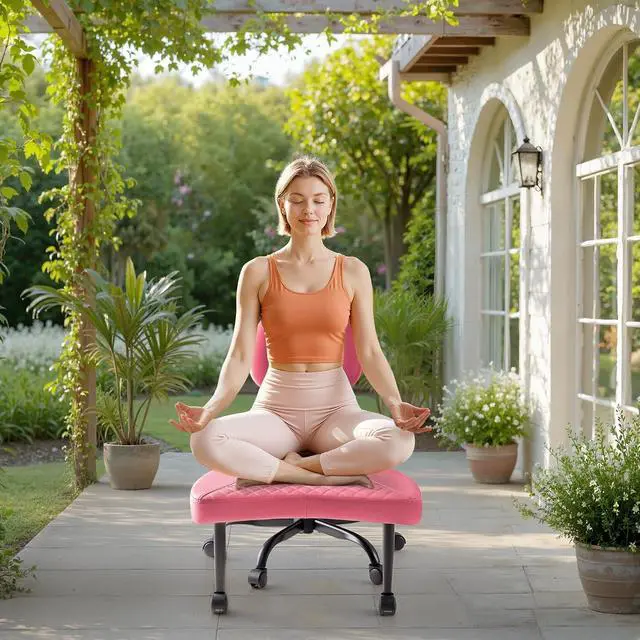 Alt view image 6 of 7 - Ergonomic Criss Cross Legged Office Chair with Wheels, 360°Swivel Adjustable Height Kneeling Desk Chair with Footrest for ADHD, Yoga, Meditation, Home Office (Leather, Pink)