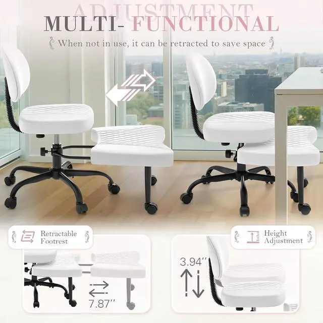 Alt view image 5 of 7 - Ergonomic Criss Cross Legged Office Chair with Wheels, 360°Swivel Adjustable Height Kneeling Desk Chair with Footrest for ADHD, Yoga, Meditation, Home Office (Leather, White)