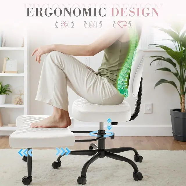 Alt view image 4 of 7 - Ergonomic Criss Cross Legged Office Chair with Wheels, 360°Swivel Adjustable Height Kneeling Desk Chair with Footrest for ADHD, Yoga, Meditation, Home Office (Leather, White)