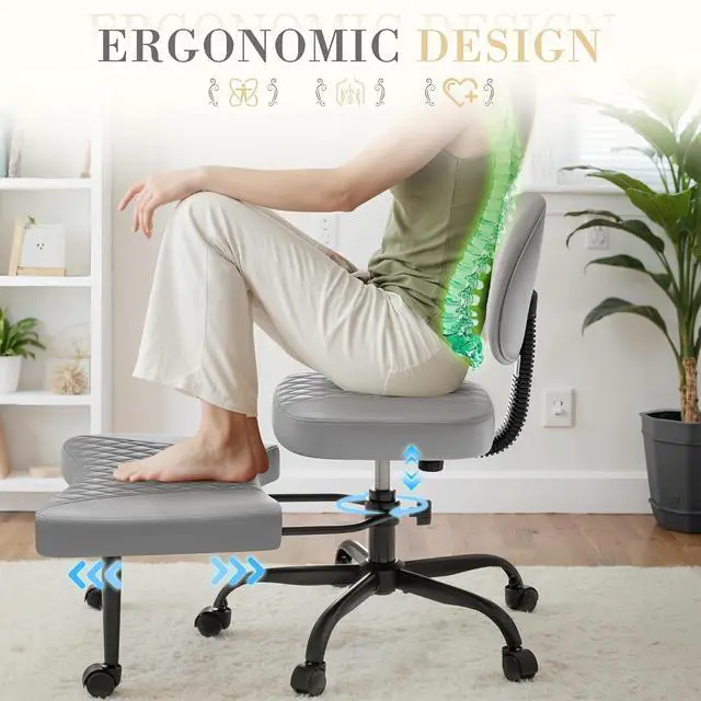 Alt view image 4 of 7 - Ergonomic Criss Cross Legged Office Chair with Wheels, 360°Swivel Adjustable Height Kneeling Desk Chair with Footrest for ADHD, Yoga, Meditation, Home Office (Leather, Gray)