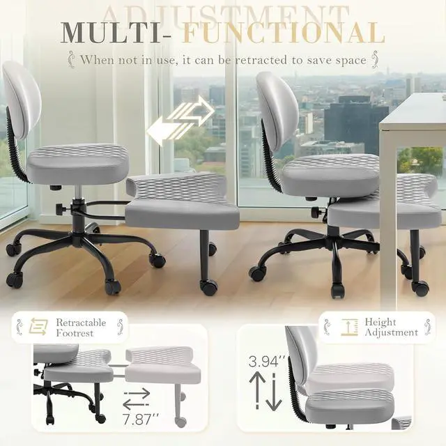 Alt view image 5 of 7 - Ergonomic Criss Cross Legged Office Chair with Wheels, 360°Swivel Adjustable Height Kneeling Desk Chair with Footrest for ADHD, Yoga, Meditation, Home Office (Leather, Gray)