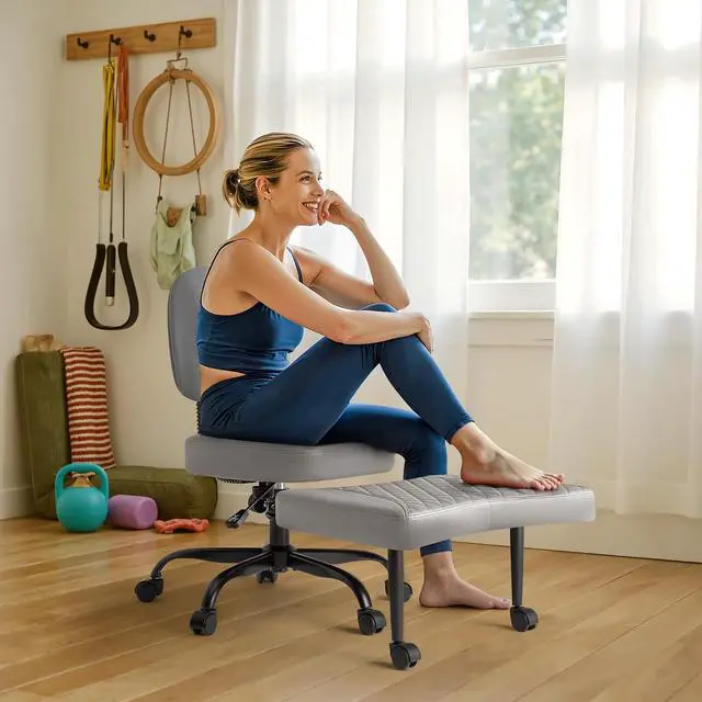 Alt view image 7 of 7 - Ergonomic Criss Cross Legged Office Chair with Wheels, 360°Swivel Adjustable Height Kneeling Desk Chair with Footrest for ADHD, Yoga, Meditation, Home Office (Leather, Gray)