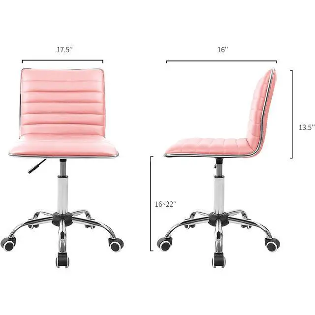 Alt view image 2 of 7 - Armless Vanity Office Chair with Wheels, Small Cute Makeup Desk Chair Ribbed Leather Swivel Computer Task Chair (Pink)
