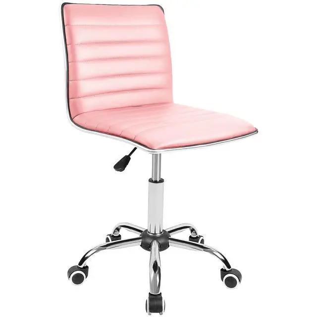 Alt view image 3 of 7 - Armless Vanity Office Chair with Wheels, Small Cute Makeup Desk Chair Ribbed Leather Swivel Computer Task Chair (Pink)
