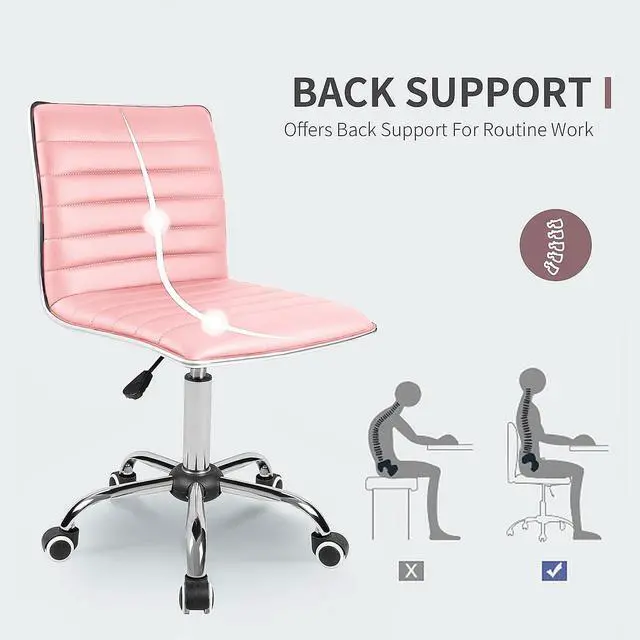 Alt view image 4 of 7 - Armless Vanity Office Chair with Wheels, Small Cute Makeup Desk Chair Ribbed Leather Swivel Computer Task Chair (Pink)