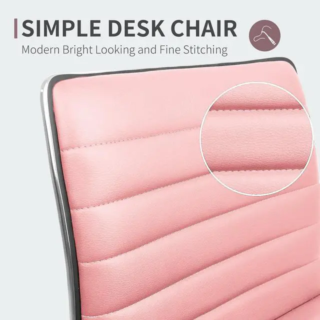Alt view image 5 of 7 - Armless Vanity Office Chair with Wheels, Small Cute Makeup Desk Chair Ribbed Leather Swivel Computer Task Chair (Pink)