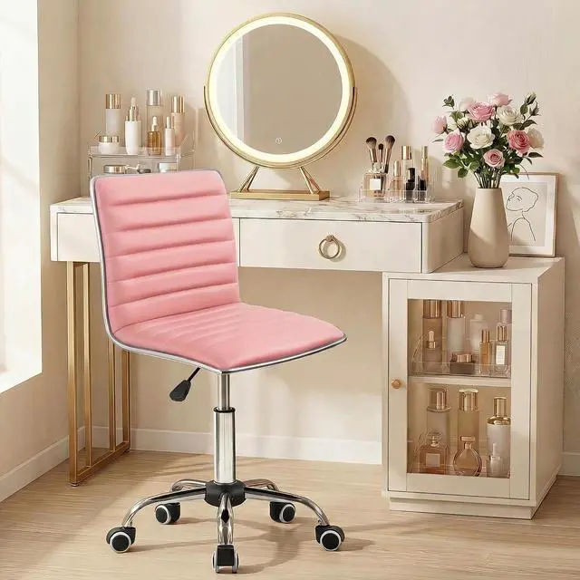 Main image of Armless Vanity Office Chair with Wheels, Small Cute Makeup Desk Chair Ribbed Leather Swivel Computer Task Chair (Pink)
