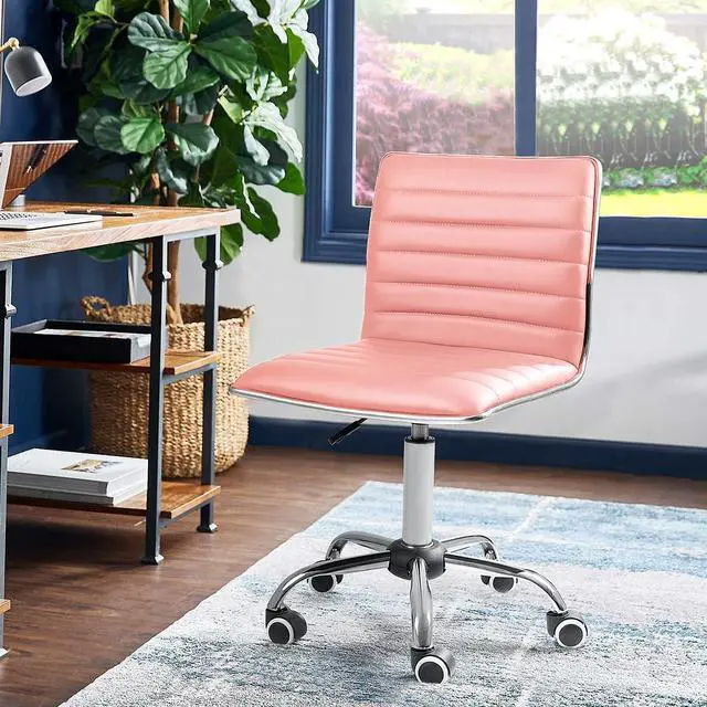Alt view image 6 of 7 - Armless Vanity Office Chair with Wheels, Small Cute Makeup Desk Chair Ribbed Leather Swivel Computer Task Chair (Pink)