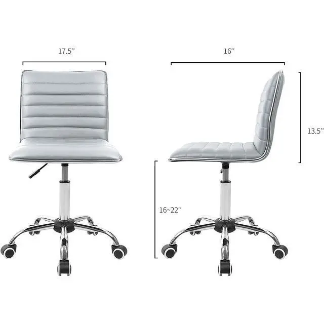 Alt view image 2 of 7 - Armless Vanity Office Chair with Wheels, Small Cute Makeup Desk Chair Ribbed Leather Swivel Computer Task Chair (Light Gray)