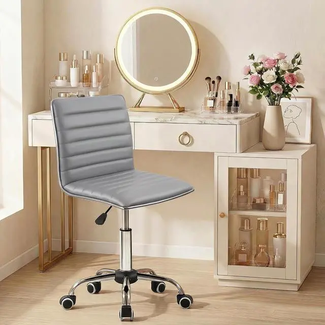 Main image of Armless Vanity Office Chair with Wheels, Small Cute Makeup Desk Chair Ribbed Leather Swivel Computer Task Chair (Light Gray)