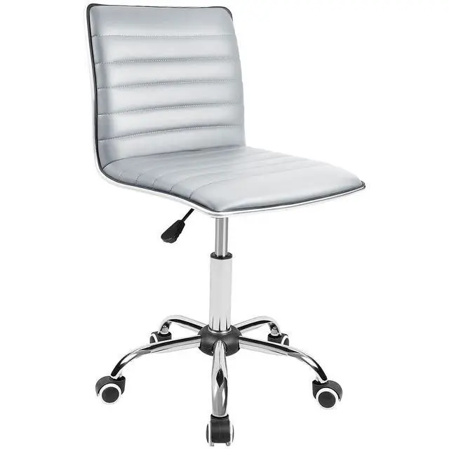 Alt view image 3 of 7 - Armless Vanity Office Chair with Wheels, Small Cute Makeup Desk Chair Ribbed Leather Swivel Computer Task Chair (Light Gray)
