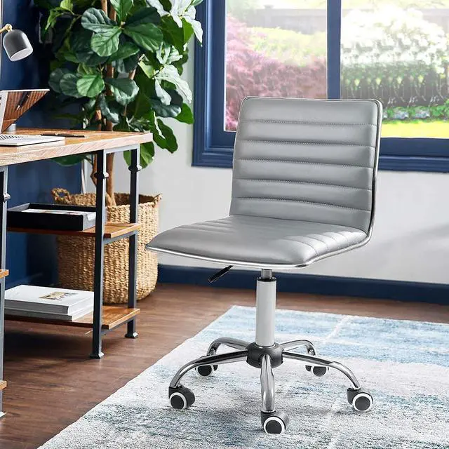 Alt view image 4 of 7 - Armless Vanity Office Chair with Wheels, Small Cute Makeup Desk Chair Ribbed Leather Swivel Computer Task Chair (Light Gray)