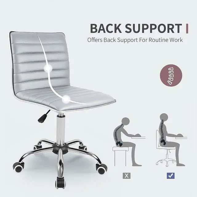 Alt view image 5 of 7 - Armless Vanity Office Chair with Wheels, Small Cute Makeup Desk Chair Ribbed Leather Swivel Computer Task Chair (Light Gray)