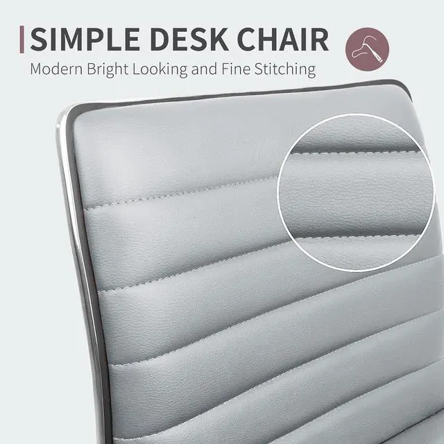Alt view image 6 of 7 - Armless Vanity Office Chair with Wheels, Small Cute Makeup Desk Chair Ribbed Leather Swivel Computer Task Chair (Light Gray)