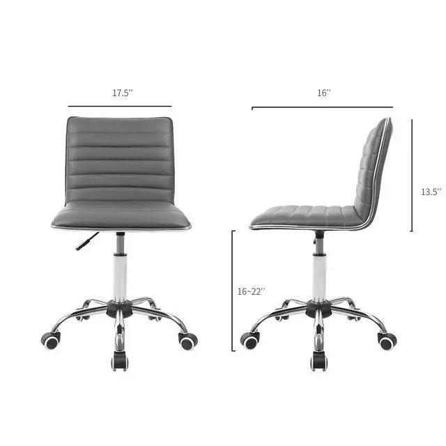 Alt view image 2 of 7 - Armless Vanity Office Chair with Wheels, Small Cute Makeup Desk Chair Ribbed Leather Swivel Computer Task Chair (Gray)