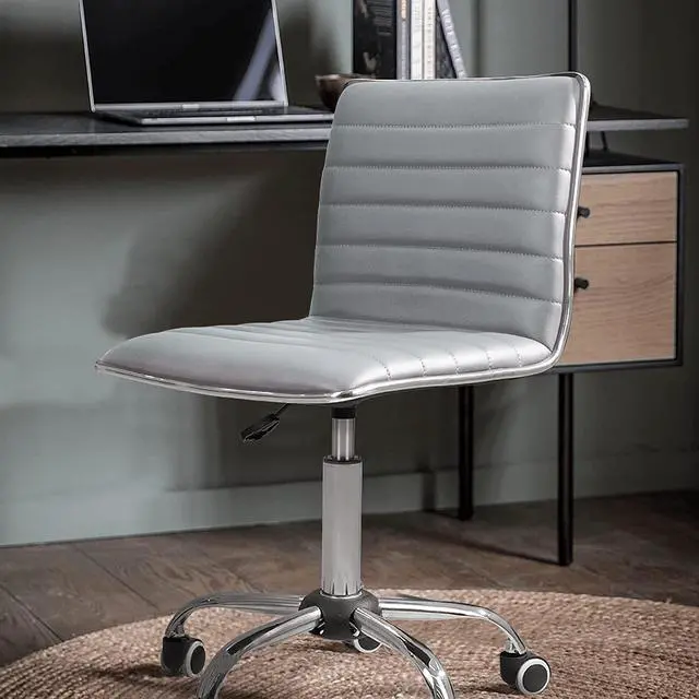 Alt view image 7 of 7 - Armless Vanity Office Chair with Wheels, Small Cute Makeup Desk Chair Ribbed Leather Swivel Computer Task Chair (Light Gray)