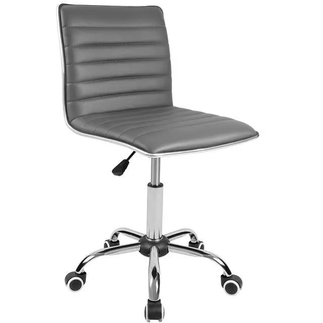 Alt view image 3 of 7 - Armless Vanity Office Chair with Wheels, Small Cute Makeup Desk Chair Ribbed Leather Swivel Computer Task Chair (Gray)