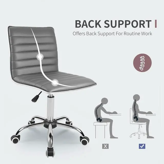 Alt view image 4 of 7 - Armless Vanity Office Chair with Wheels, Small Cute Makeup Desk Chair Ribbed Leather Swivel Computer Task Chair (Gray)